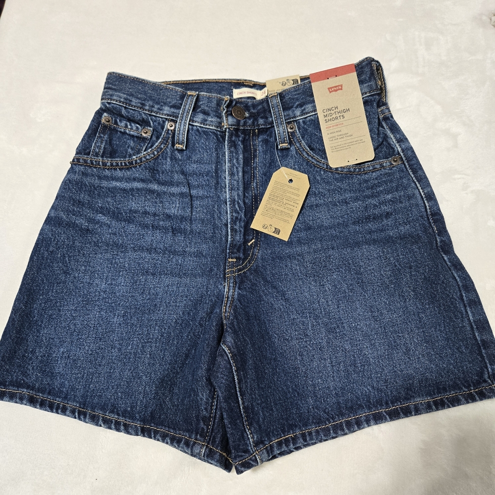 Levi's Indigo Blue Cinch High-Rise Mid Thigh Denim Shorts Size 24